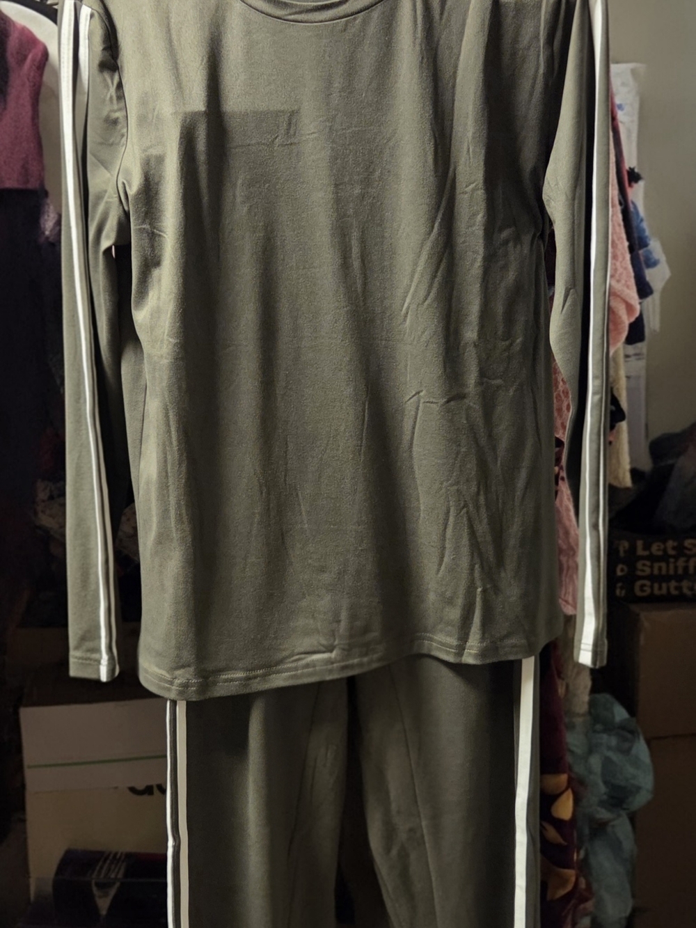 Women's Olive Green Long-Sleeve Lounger Set with Side Stripe